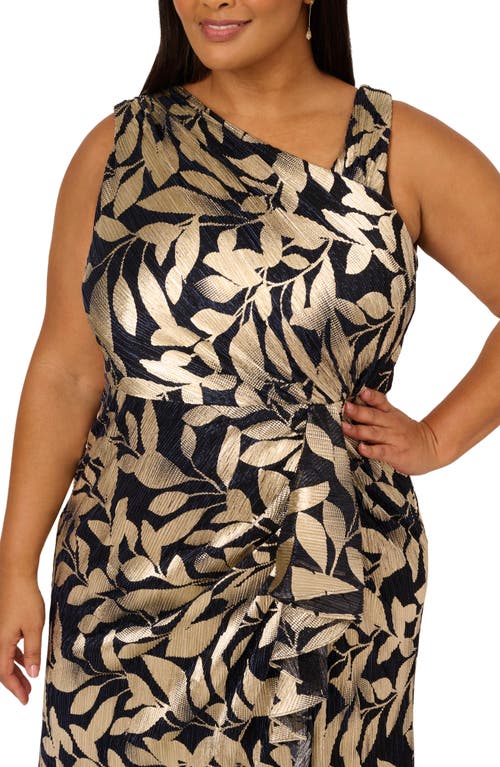 Adrianna Papell Plus Size Foil-print Asymmetric Gown In Gold