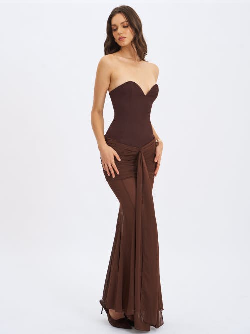 Miss Circle Giovana Sweetheart Draped Mesh Mermaid Maxi Dress In Brown