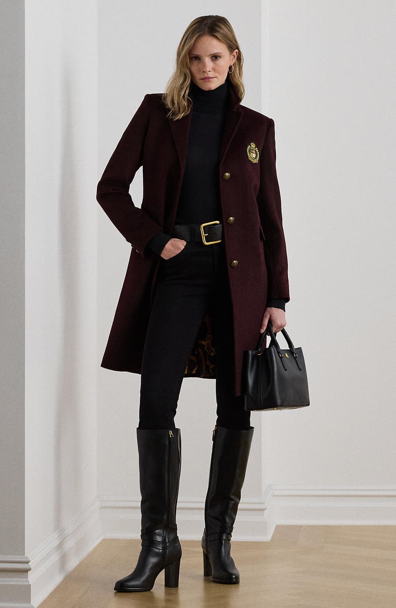 Lauren Ralph Lauren Crest Patch Wool Blend Reefer Coat, Alternate, color, Pinot Noir