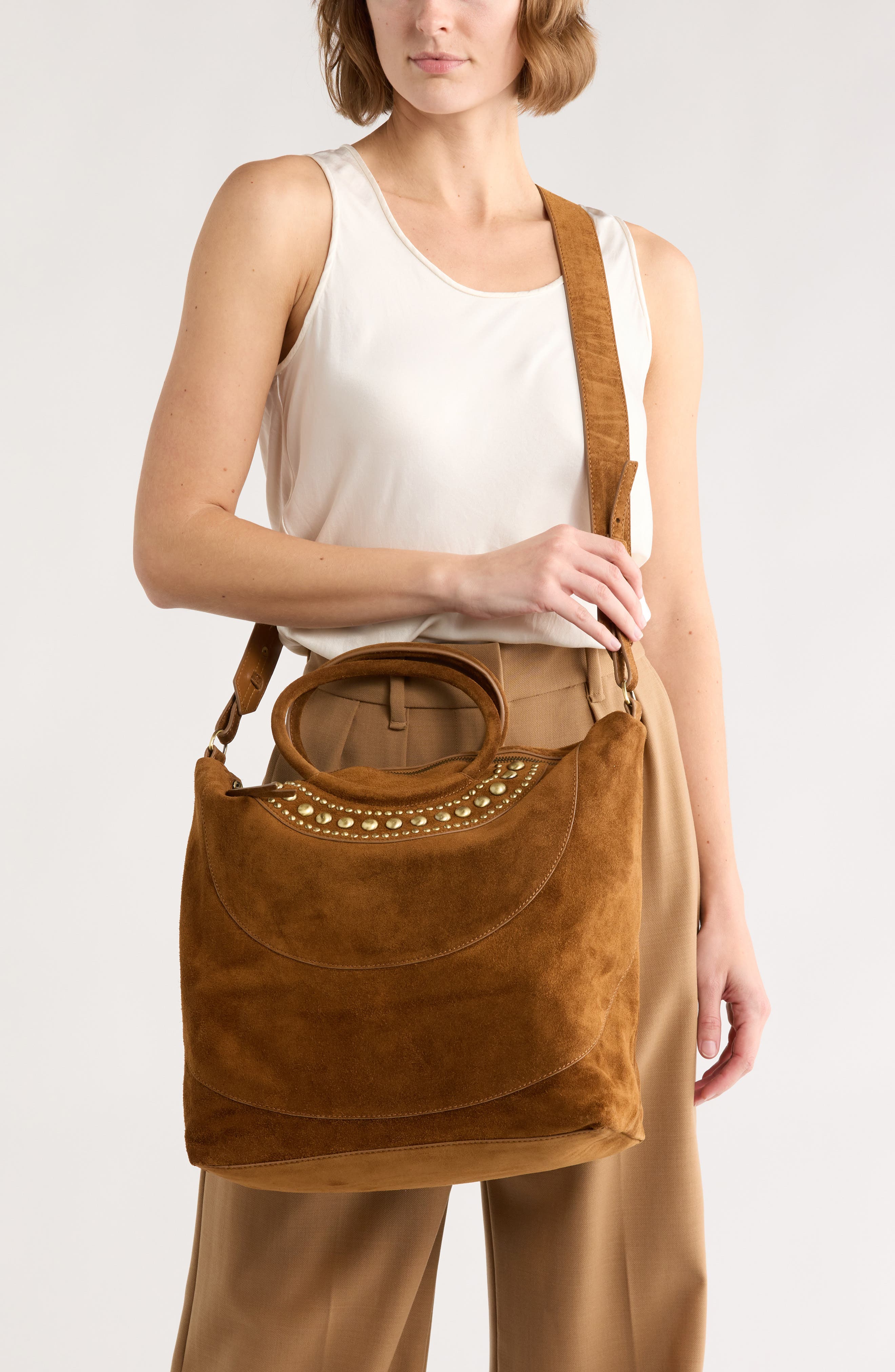 HOBO Maggie Studded Suede Satchel, Alternate, color, Caramel