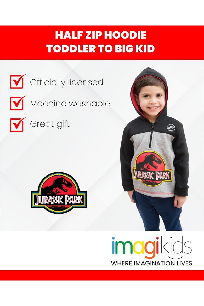 Jurassic Park T-Rex Fleece Quarter-Zip Hoodie, Alternate, color, Black Charcoal Red