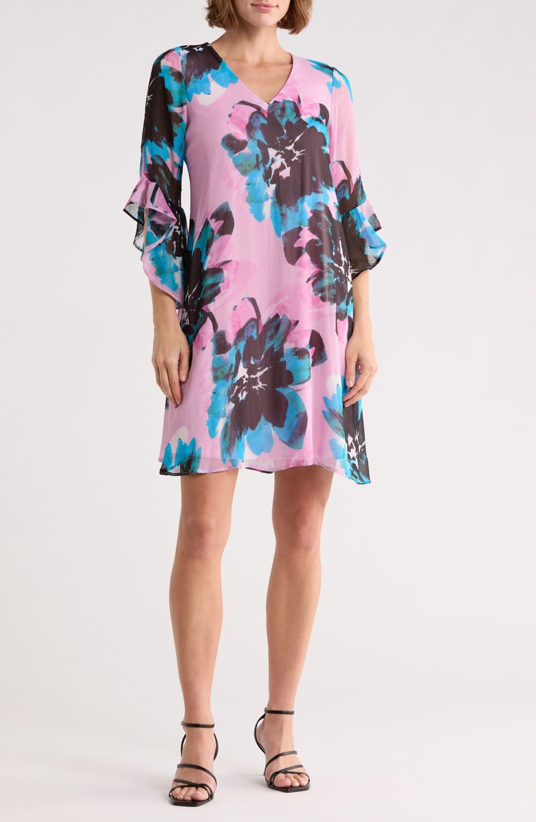 Calvin Klein Floral Print Trapeze Dress, Main, color, Frosted Mauve Multi