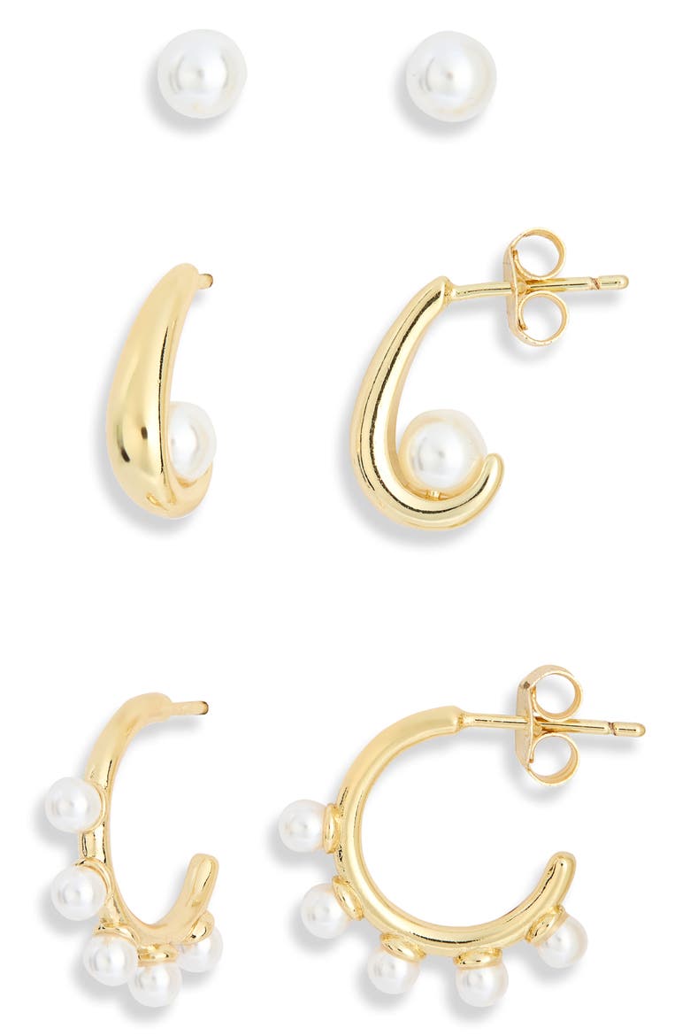 3-Pack Demi Fine Faux Pearl Earrings, Main, color, WHITE- GOLD