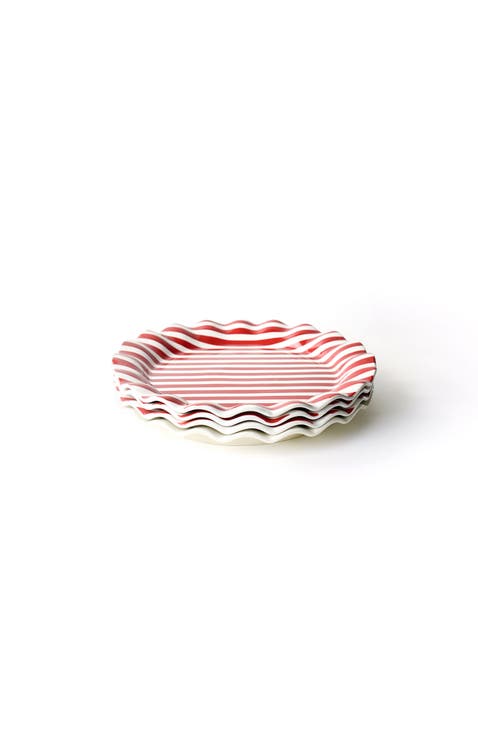 Red Stripe Ruffle Round Platter Set of 4