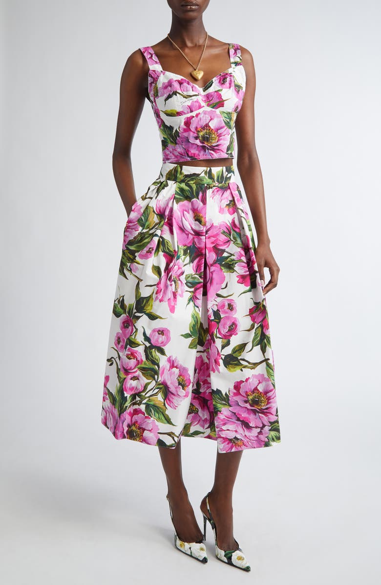 Dolce&Gabbana Peony Print Pleated Cotton Poplin Skirt, Alternate, color, Peonie Fuxia F.bianco
