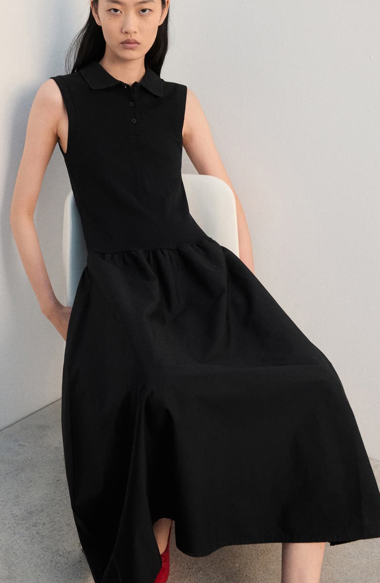 MANGO Mixed Media Midi Dress, Main, color, Black