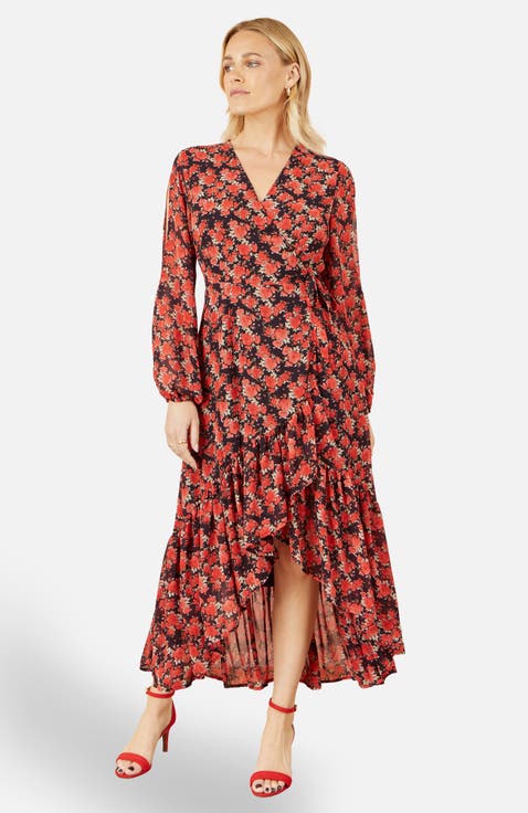 Rose Print Dipped Hemline Midi Dress