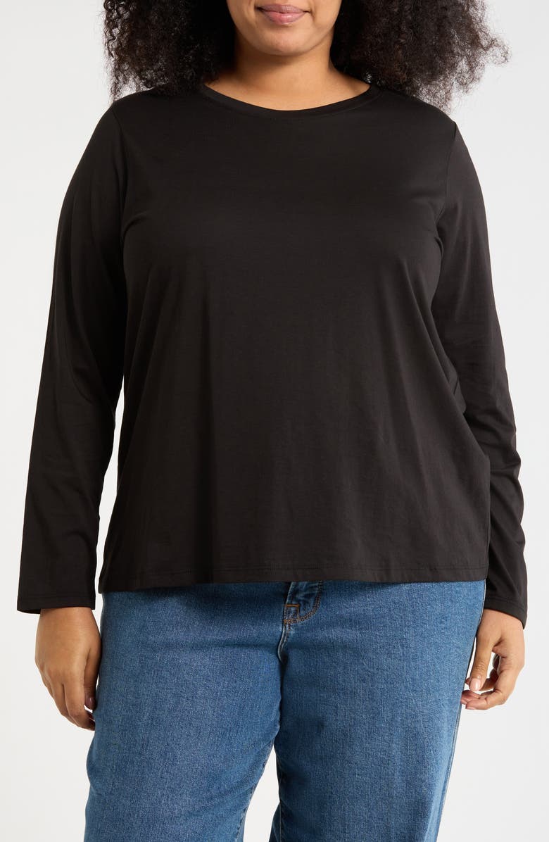 Eileen Fisher Long Sleeve Organic Cotton T-Shirt, Main, color, Black
