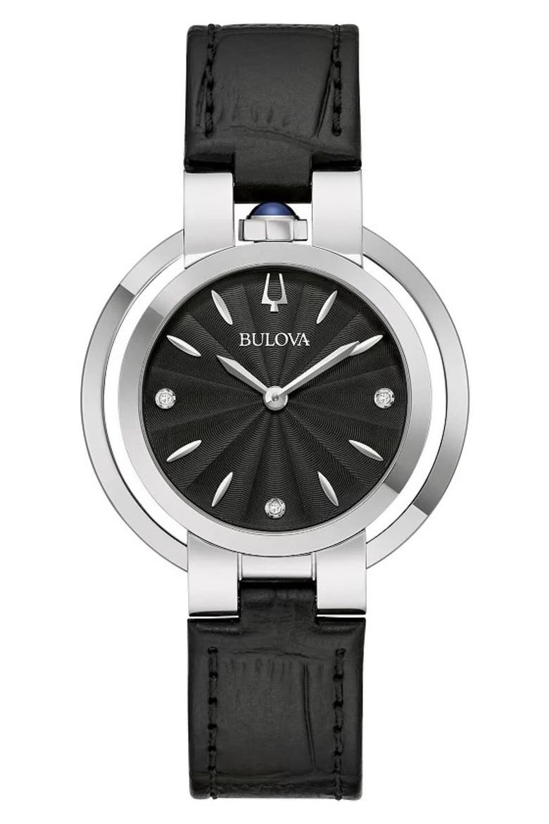 Diamond Dial Croc Embossed Leather Strap Watch, 35mm, Main, color, BLACK