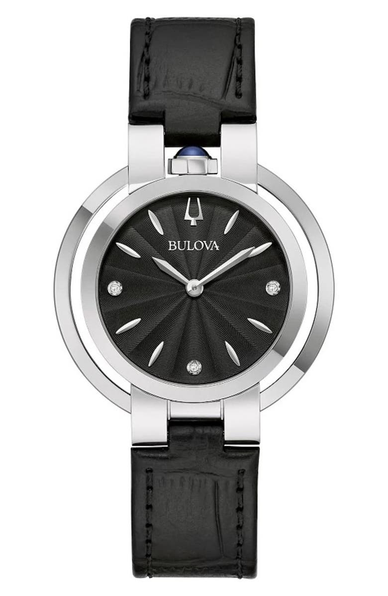 BULOVA Diamond Dial Croc Embossed Leather Strap Watch, 35mm, Main, color, Black