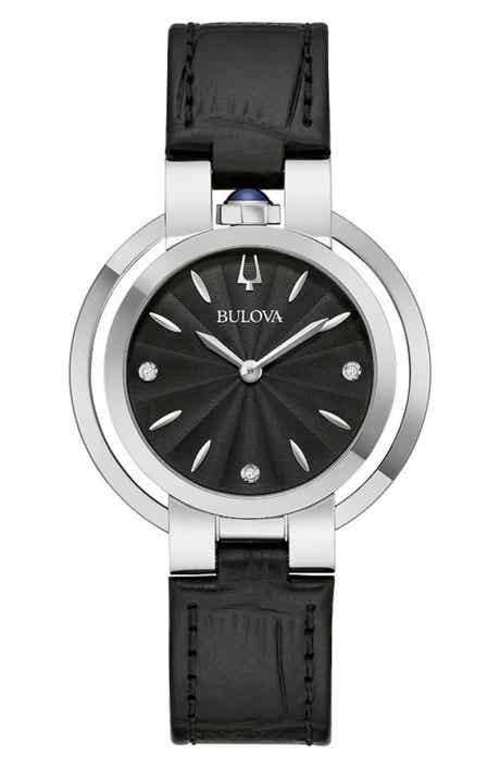BULOVA Diamond Dial Croc Embossed Leather Strap Watch, 35mm