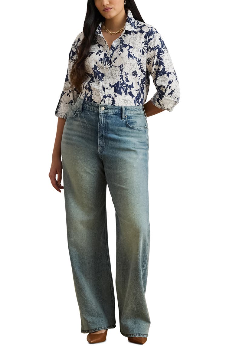 Relaxed Fit Floral Linen Shirt, Alternate, color, WHITE/ NAVY