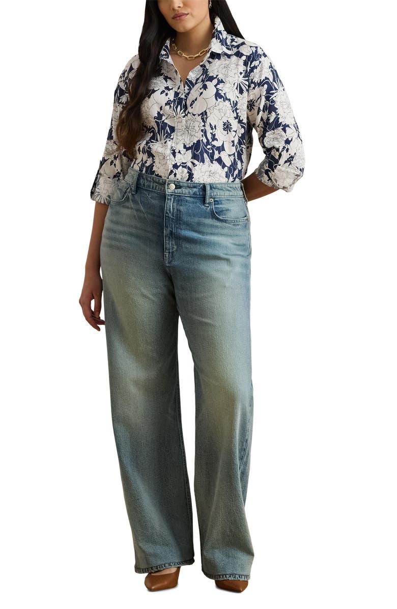 Lauren Ralph Lauren Karrie Floral Linen Button-Up Shirt, Alternate, color, White/ Navy