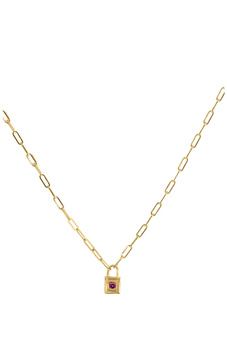 Paperclip Chain Ruby Pad Lock Pendant Necklace, Alternate, color, GOLD
