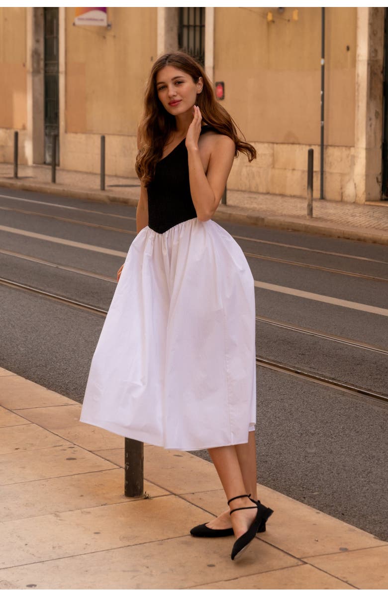 nuaje nuaje Bianca One-Shoulder Smocked Midi Dress, Alternate, color, Black & White