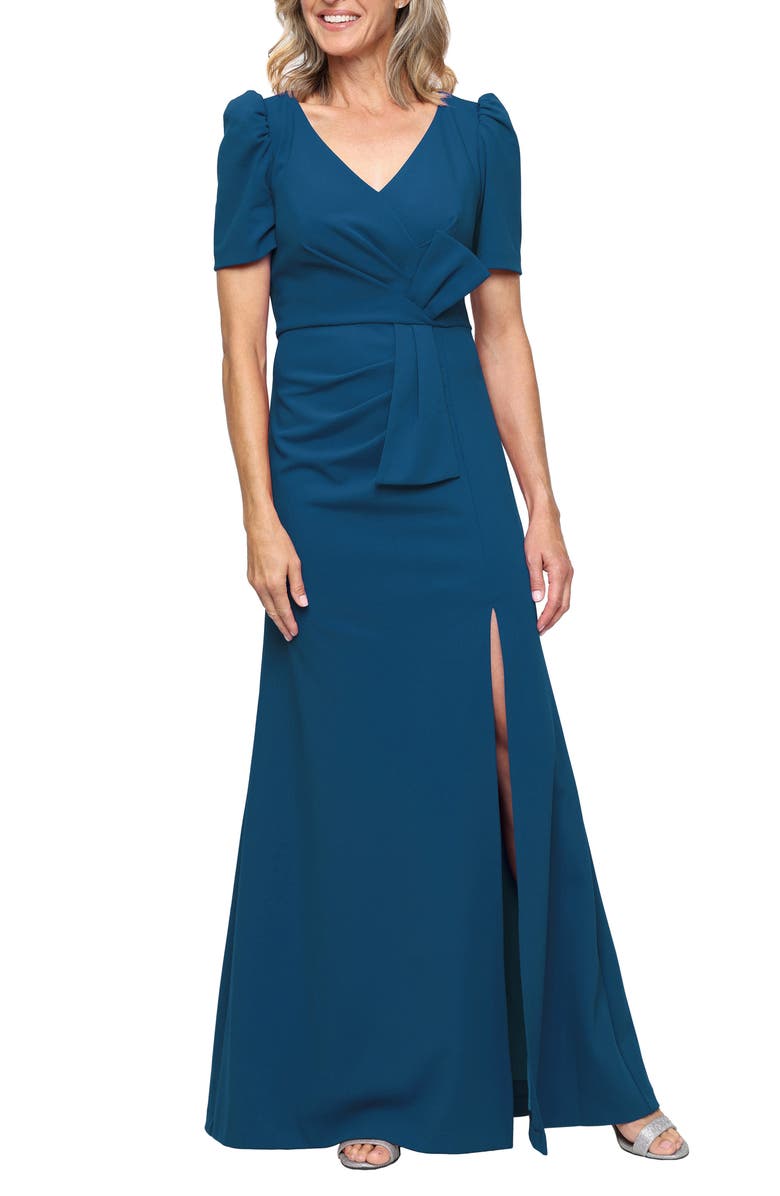 Alex Evenings Stretch Crepe A-Line Gown, Main, color, Azure