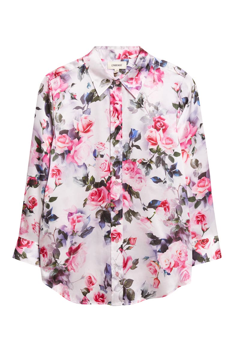 Dani Floral Print Three-Quarter Sleeve Silk Button-Up Shirt, Alternate, color, PINK MULTI WATER ROSE