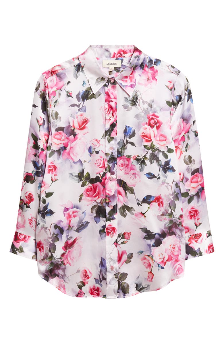L'AGENCE Dani Floral Print Three-Quarter Sleeve Silk Button-Up Shirt, Alternate, color, Pink Multi Water Rose