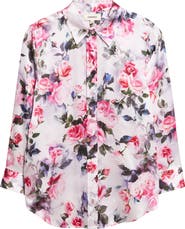 L'AGENCE Dani Floral Print Three-Quarter Sleeve Silk Button-Up Shirt