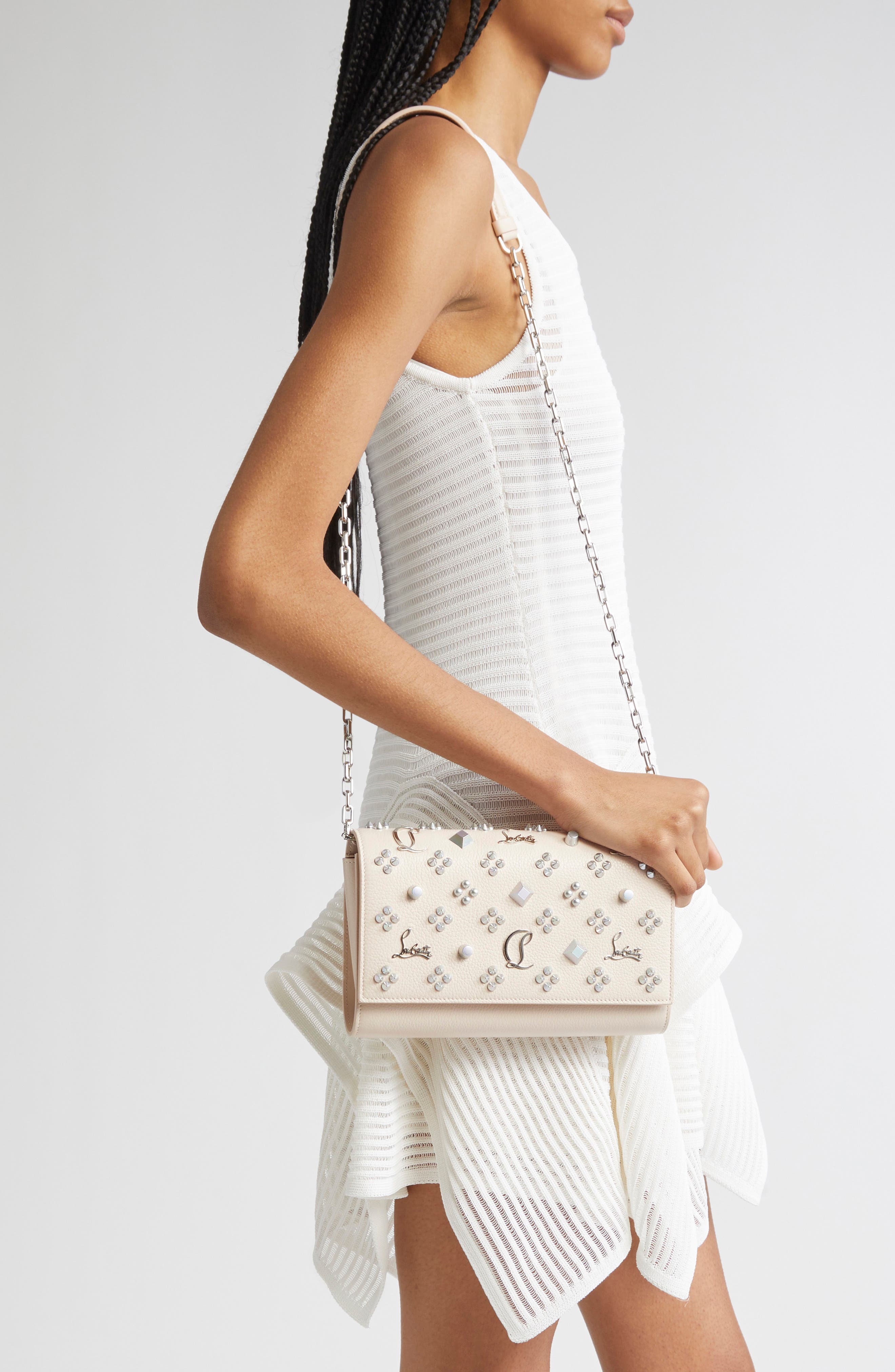 Christian Louboutin Paloma Studded Leather Clutch, Alternate, color, F609 Leche/ Multi