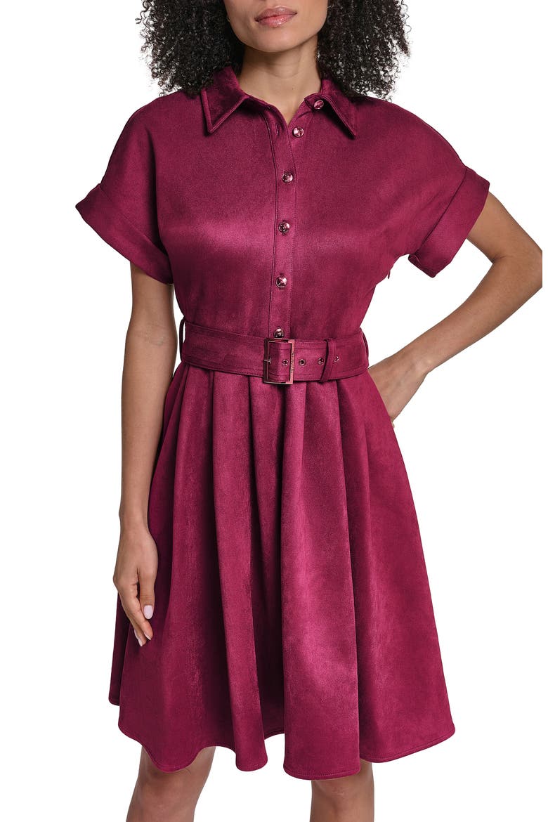Belted Faux Suede Shirtdress, Alternate, color, PORT