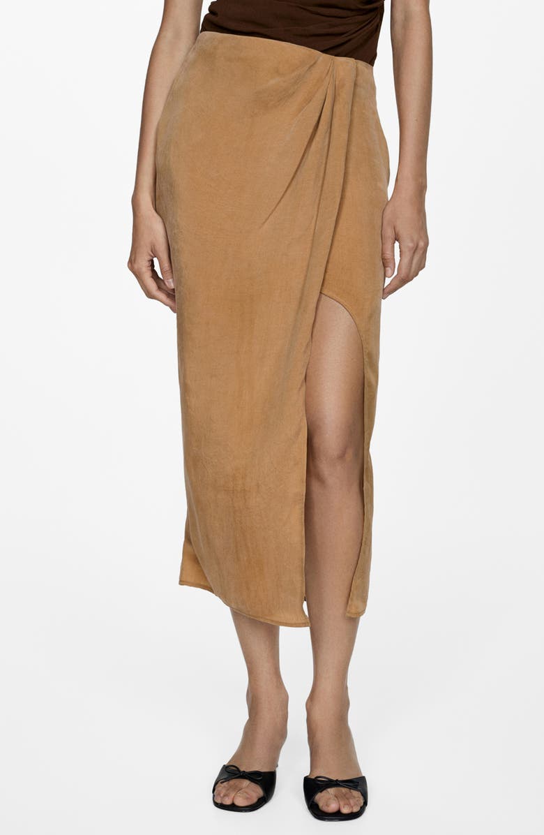 MANGO Side Slit Faux Wrap Skirt, Main, color, Tabacco Brown