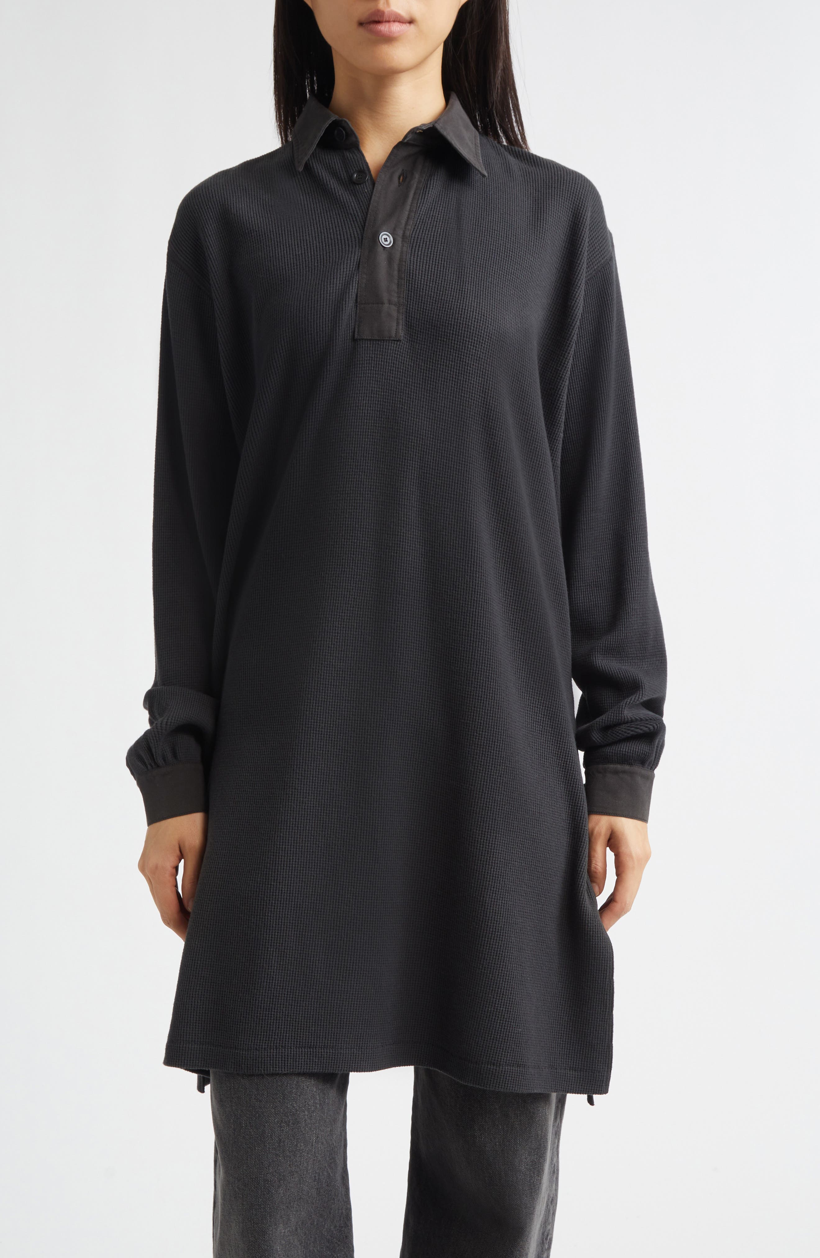 Waffle Stitch Long Sleeve Wool Polo