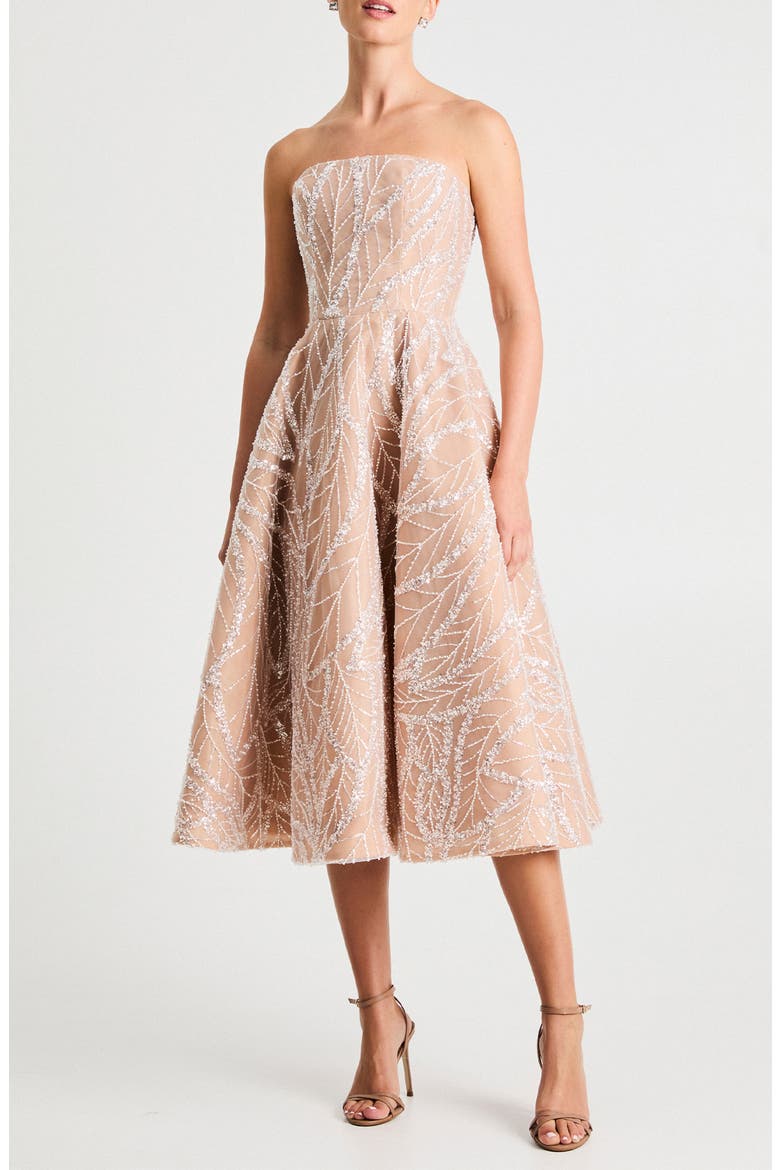 Vivi Embellished Strapless Cocktail Midi Dress, Main, color, OFF WHITE/ NUDE