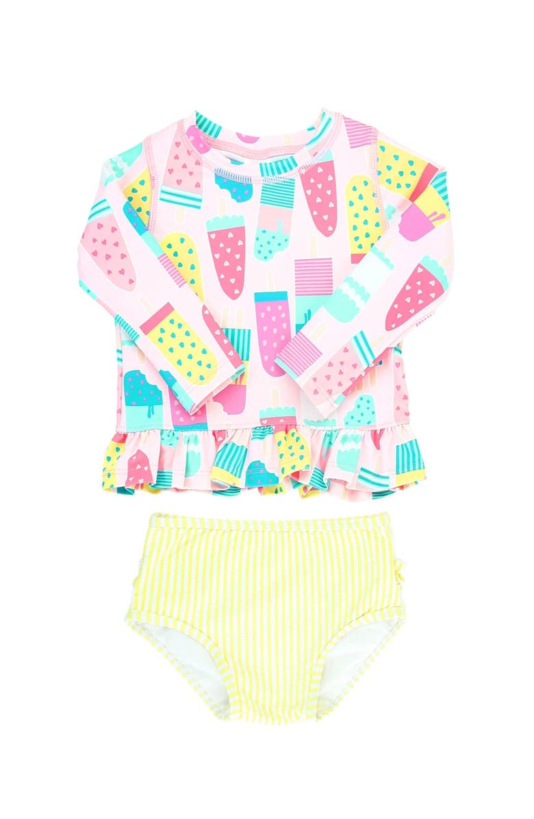 RuffleButts Girls Long Sleeve Ruffle Hem UPF50+ Rash Guard Bikini, Main, color, 