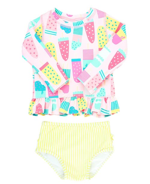 RuffleButts Baby Girls Long Sleeve Ruffle Hem UPF50+ Rash Guard Bikini in Ice Cream Social