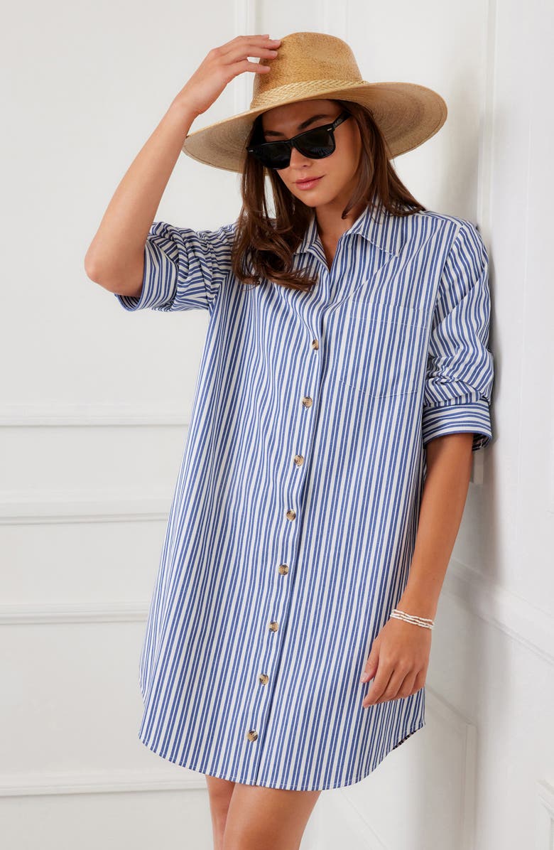 Karen Kane Ruched Sleeve Stripe Shirtdress, Alternate, color, Blue/White