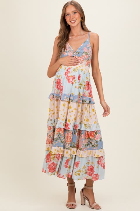 V Neck Twist Front Tiered Maxi Dress