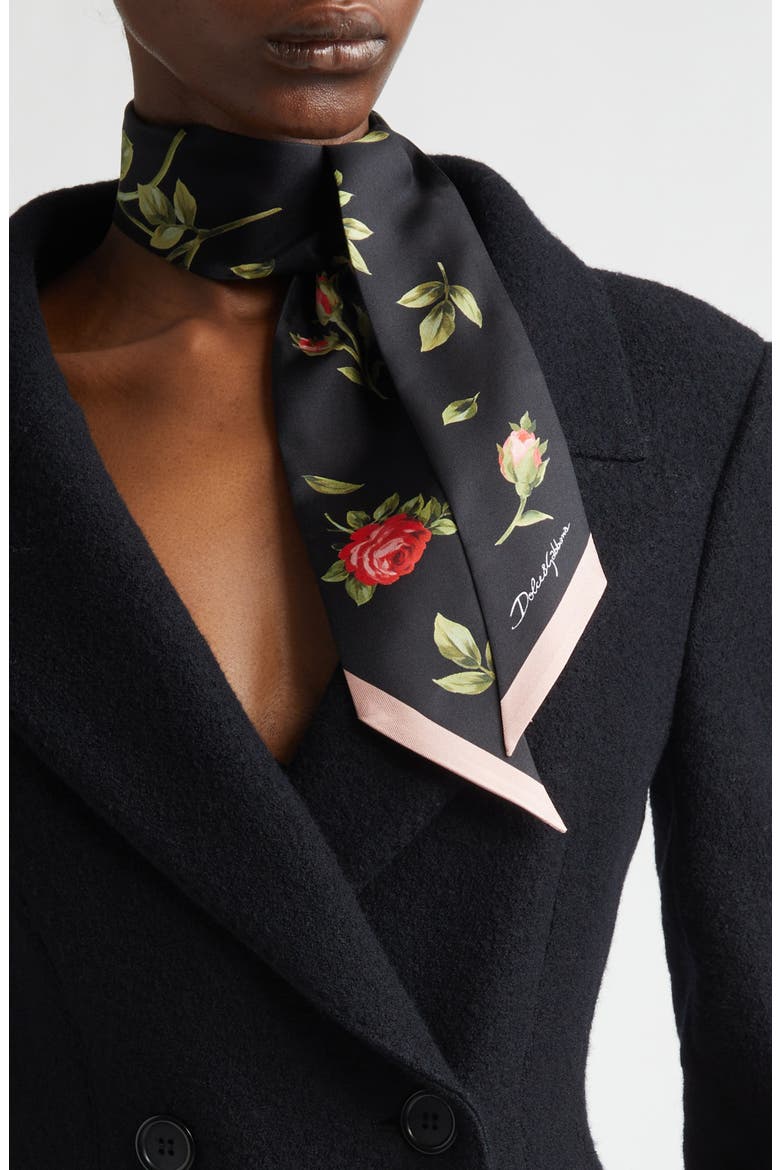 Rose Bouquet Silk Twill Skinny Scarf, Alternate, color, HN5ZN BOUQUET ROSE F.NERO