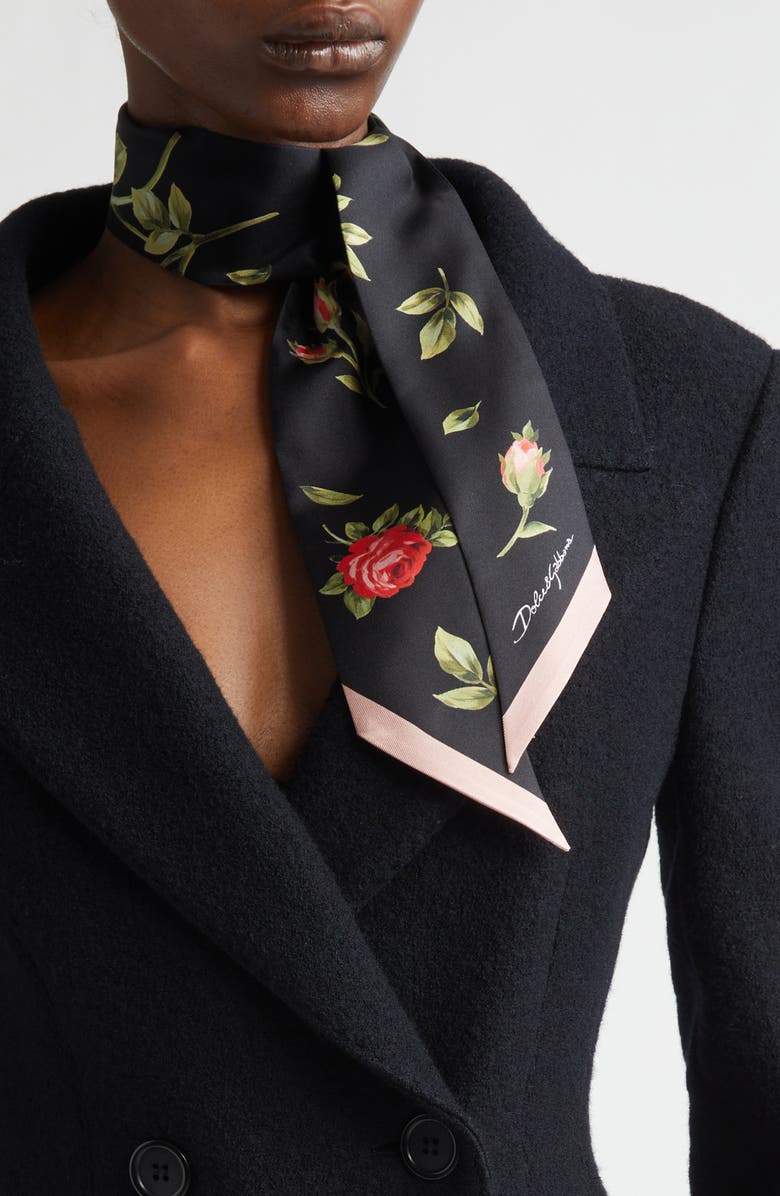 Dolce&Gabbana Rose Bouquet Silk Twill Skinny Scarf, Alternate, color, Hn5zn Bouquet Rose F.nero