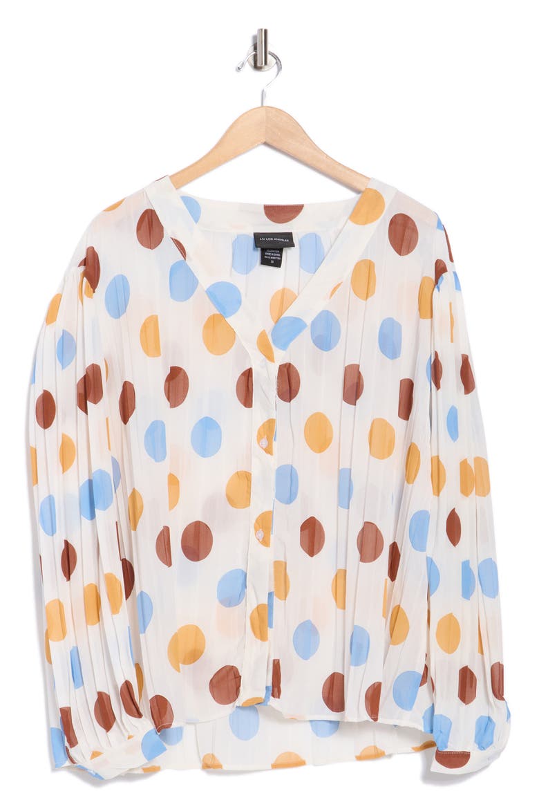 Polka Dot Long Sleeve Pleated Button-Up Top, Alternate, color, CIRCLES
