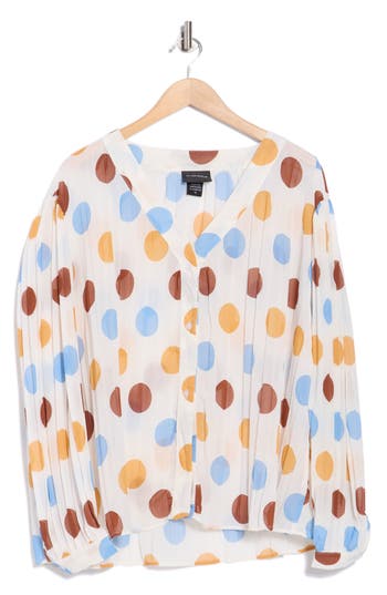 Forgotten Grace Polka Dot Long Sleeve Pleated Button-up Top In Multi