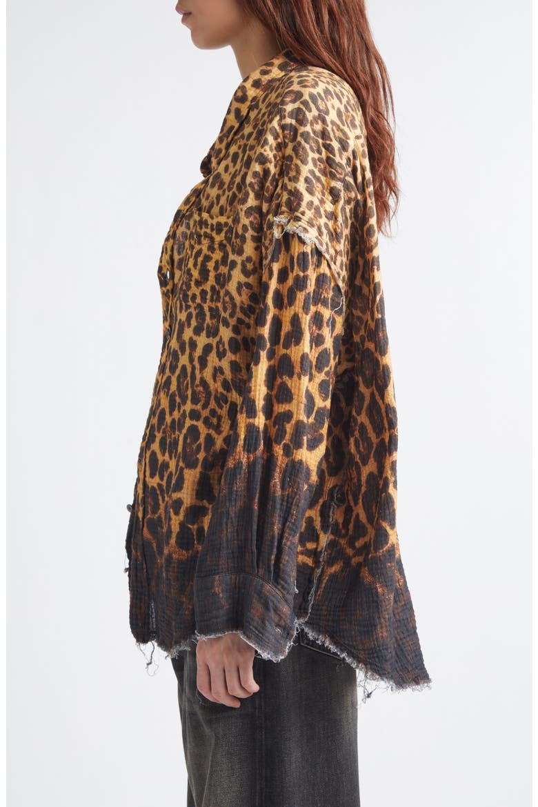 Oversize Shredded Seam Drop Neck Leopard Print Button-Up Shirt, Alternate, color, DIPPED BROWN LEOPARD