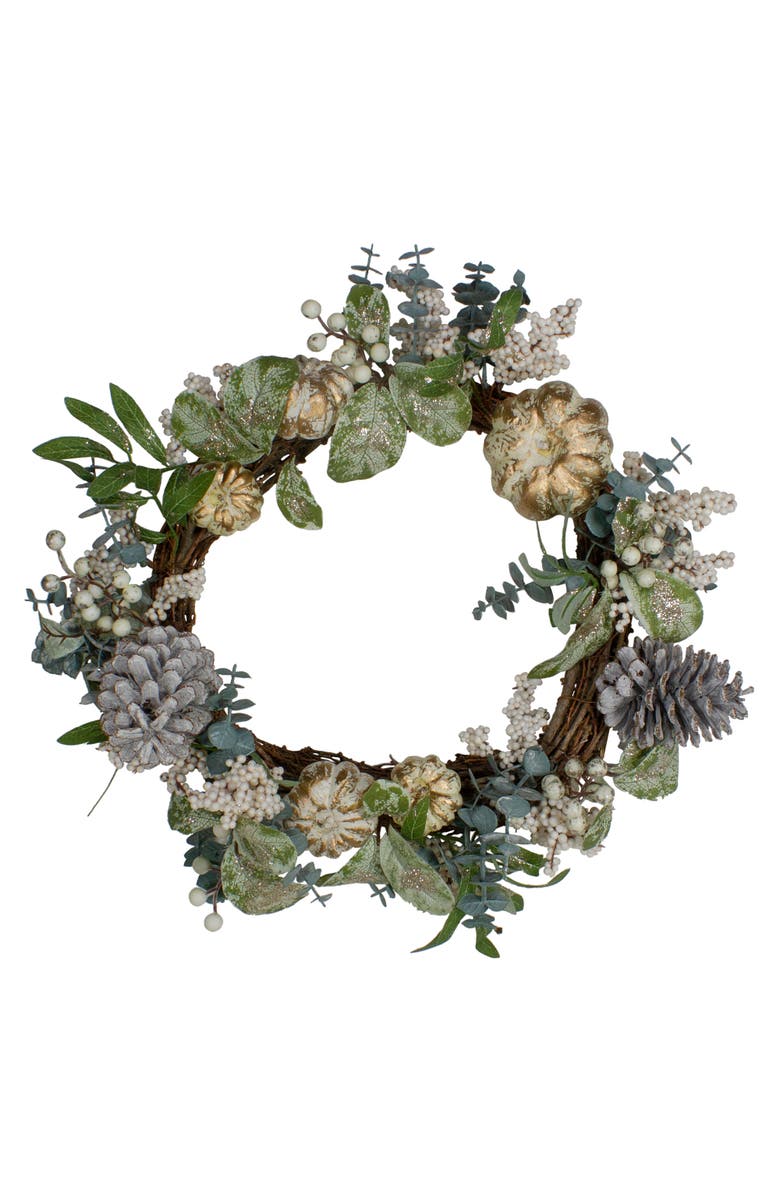 Northlight Glittered Berries, Pinecones and Pumpkins Artificial Fall Harvest Twig Wreath - 18", Main, color, Green