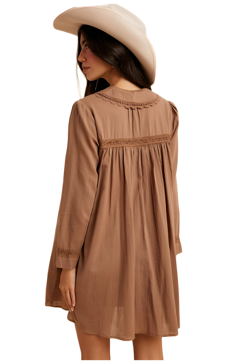 Knit and Lounge Long Sleeve Button-Front Babydoll Dress with Crochet Trim, Alternate, color, 