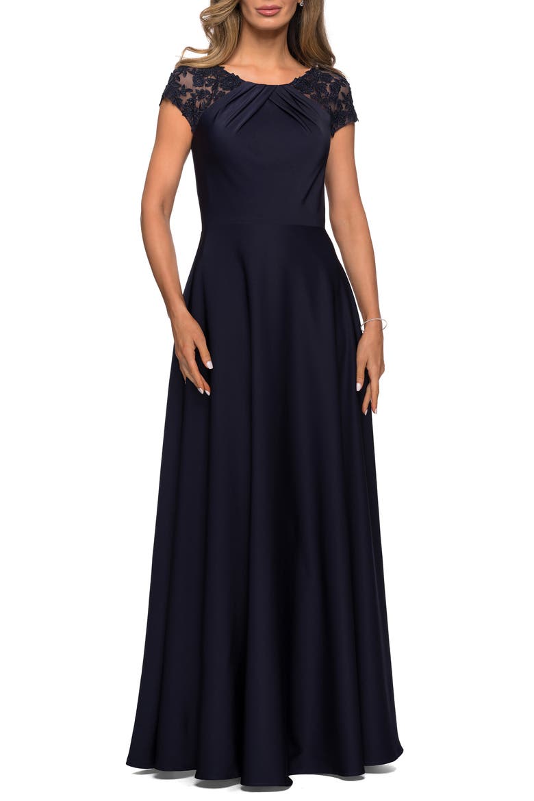 Pleat Cap Sleeve Satin Gown, Main, color, NAVY