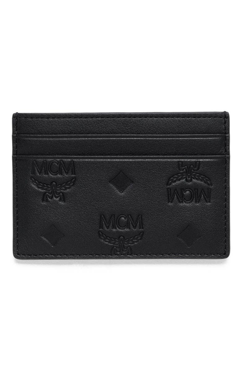 MCM Aren Card Case in Embossed Monogram Leather, Main, color, Black