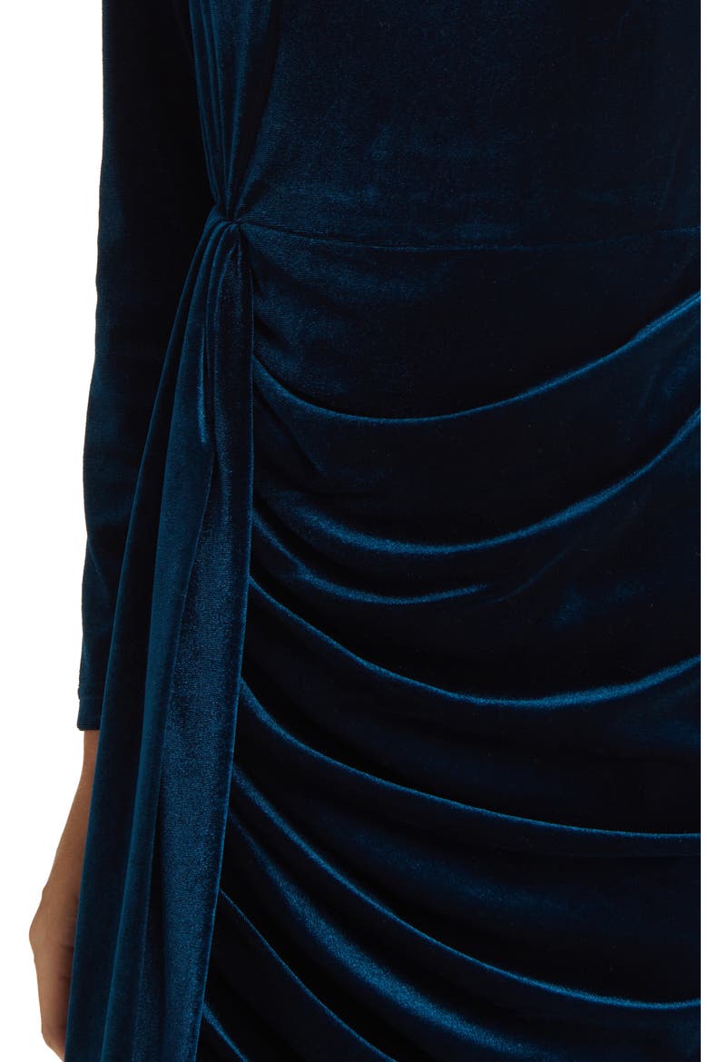 Beaded Drape Long Sleeve Stretch Velvet Dress, Alternate, color, RIVER BLUE