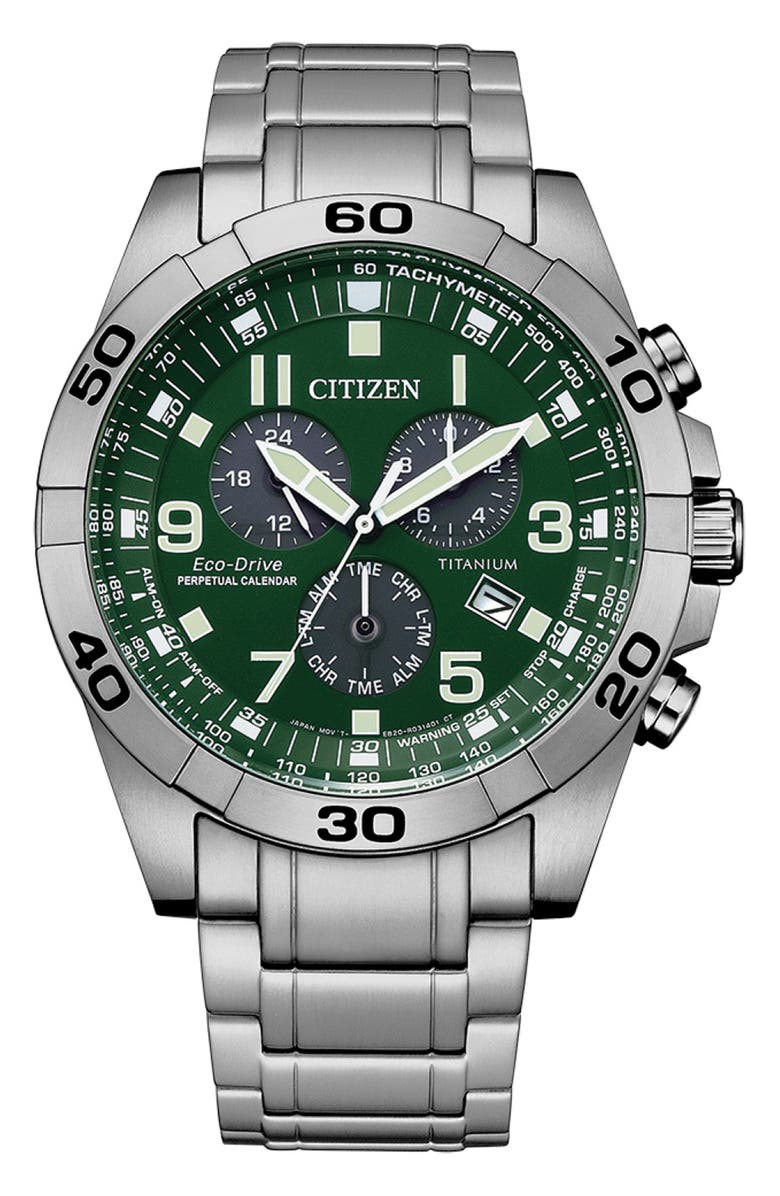 Citizen Brycen Chronograph Bracelet Watch, 43mm, Main, color, Silver/ Green