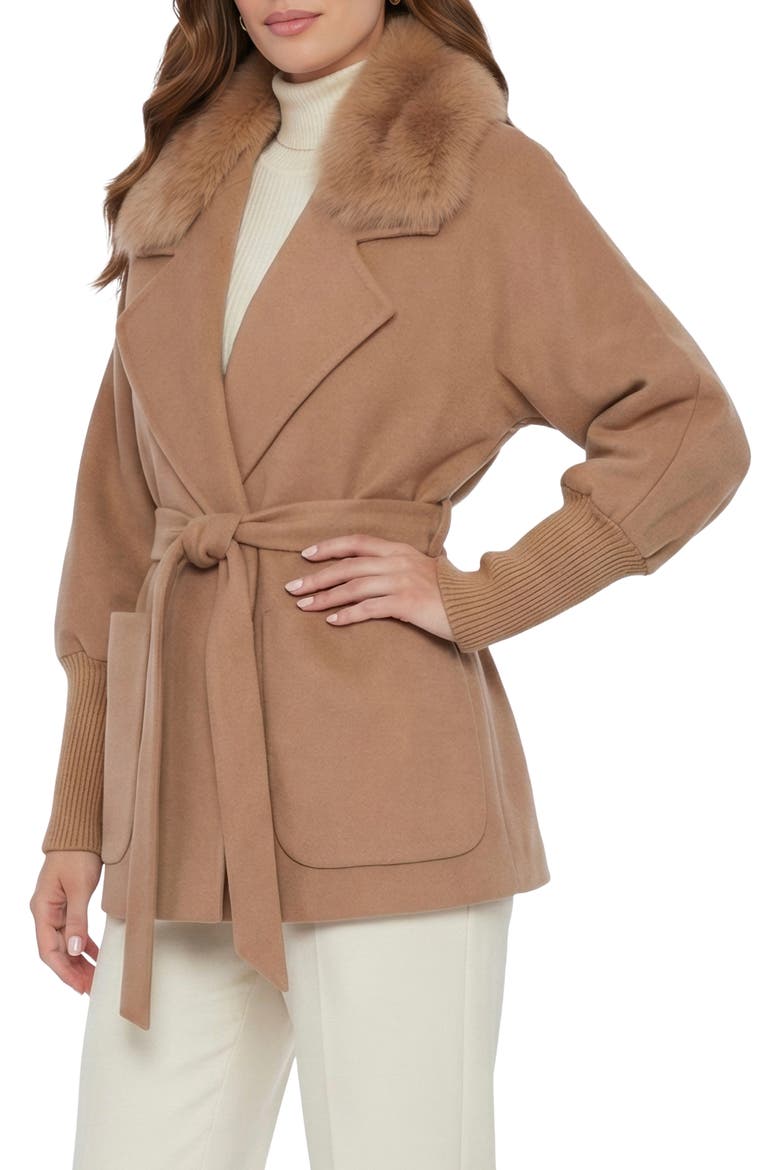Fabric Jacket With Detachable Genuine Shearling Collar, Belt, Alternate, color, CAMEL