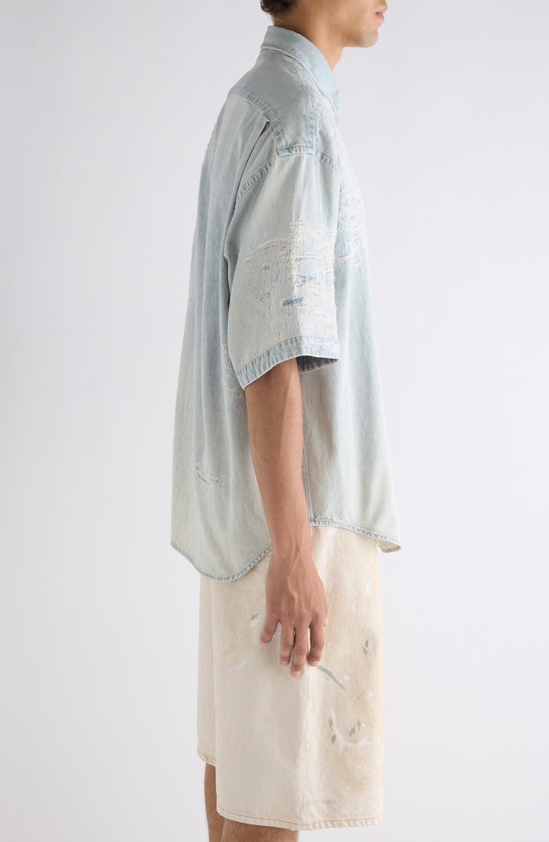 Acne Studios Setar Mending Distressed Short Sleeve Denim Button-Down Shirt, Alternate, color, Light Blue