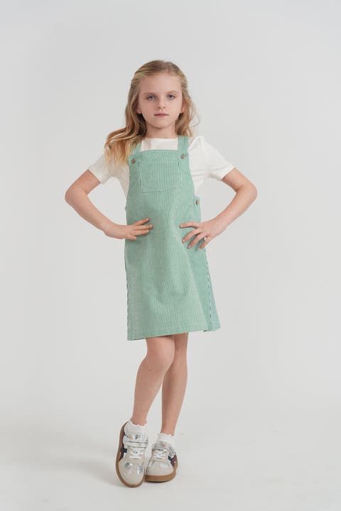 Girls Striped Denim Jumper - Sleeveless Button Placket, Front Patch Pocket