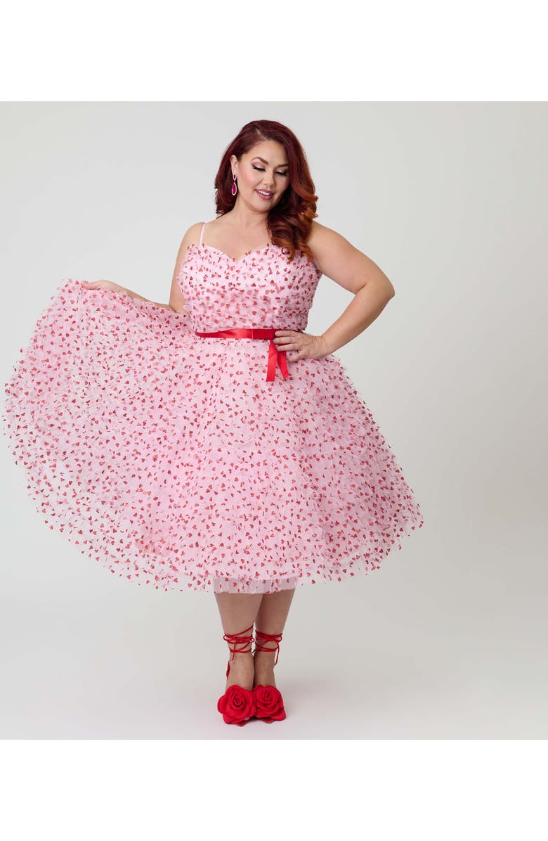 Unique Vintage Plus Size Tulle Sweetheart Cupcake Swing Dress, Alternate, color, Pink W/ Red Hearts