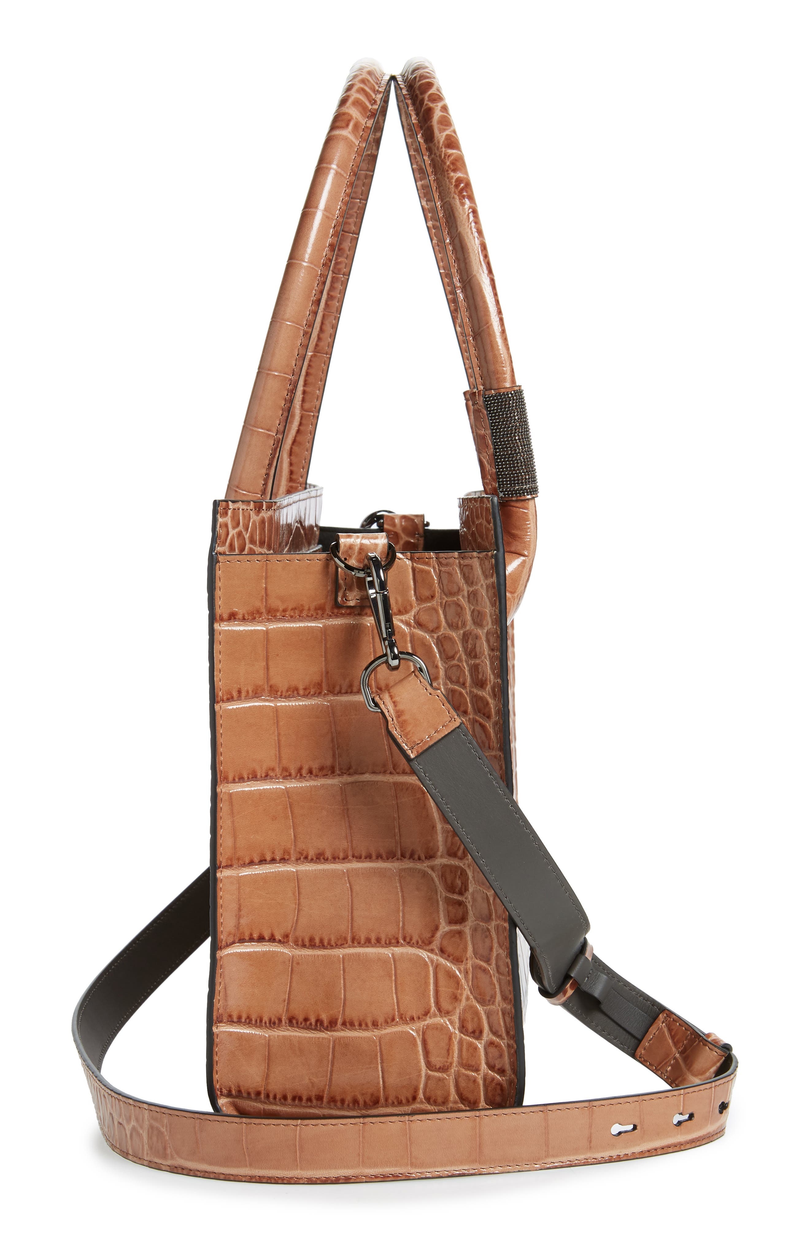 Brunello Cucinelli Monili Trim Croc Embossed Leather Tote, Alternate, color, 