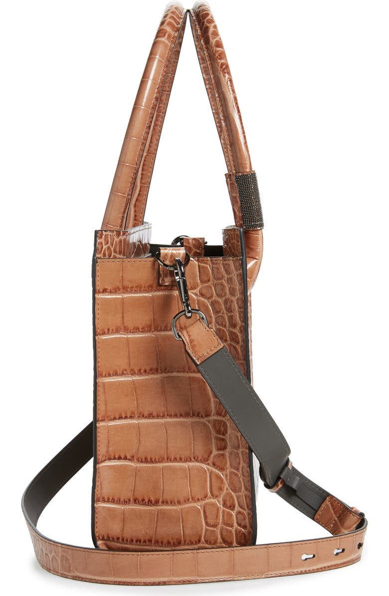Brunello Cucinelli Monili Trim Croc Embossed Leather Tote, Alternate, color,