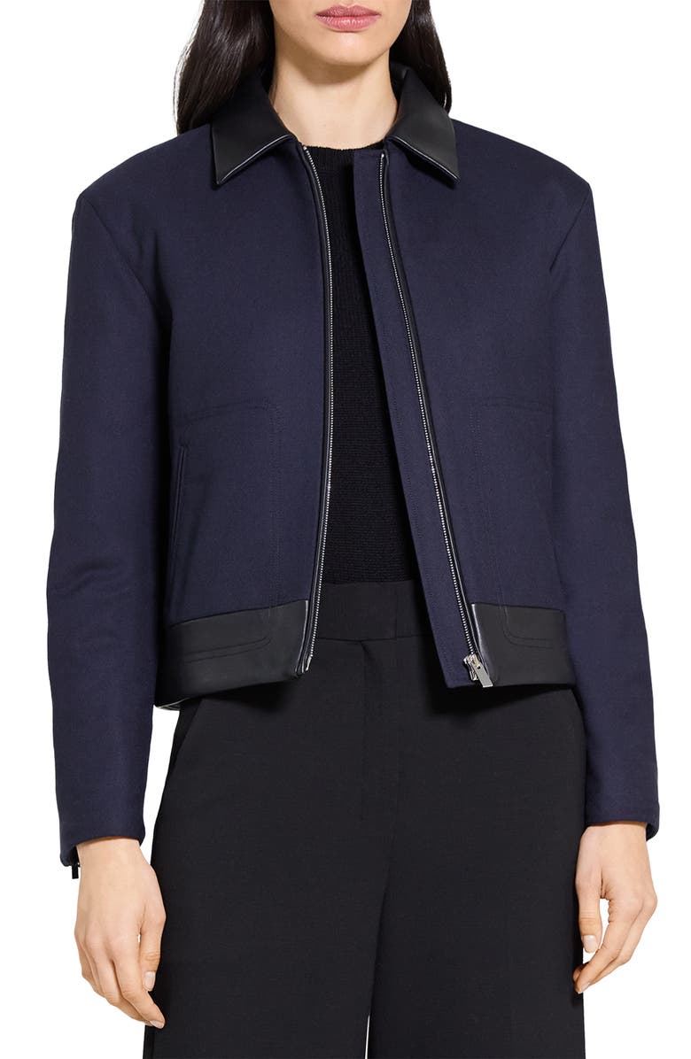 Theory Boxy Crop Jacket with Leather Trim, Main, color, 